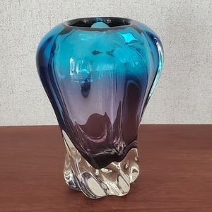 Murano Glass Vase Curly Shape, Blue-Violet Stunning Piece Heavy Gorgeous